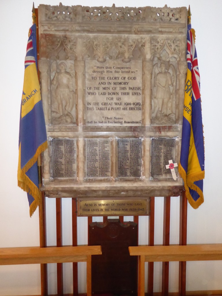The War Memorial in St Philips Church taken in 2015. Colin Fakes's grandfather C. W. Stevens is commemorated on the WW1 section